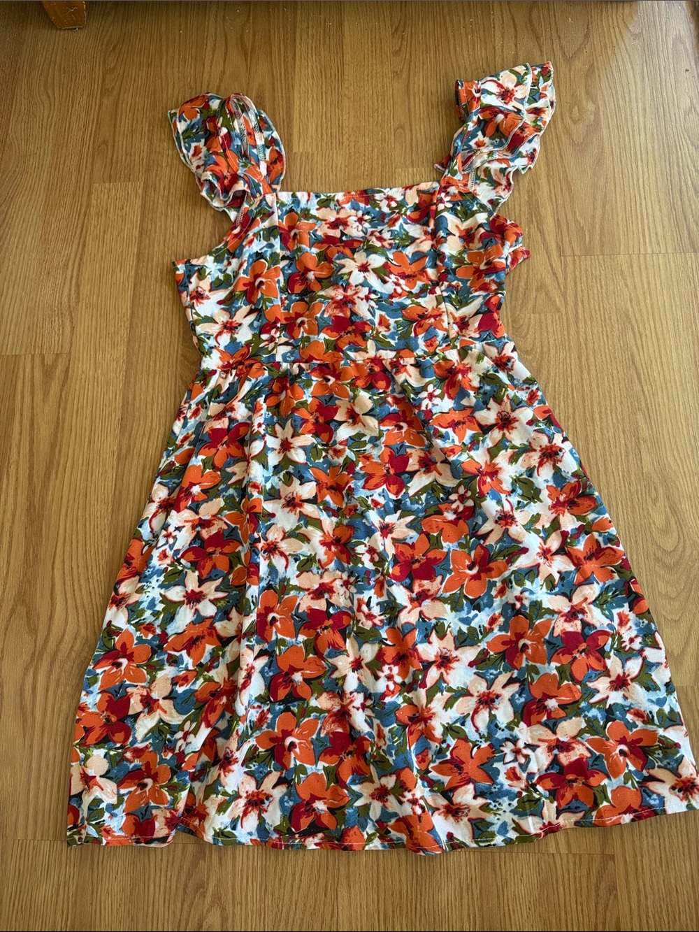 Woman’s Orange Floral Ruffle-Sleeve Sundress